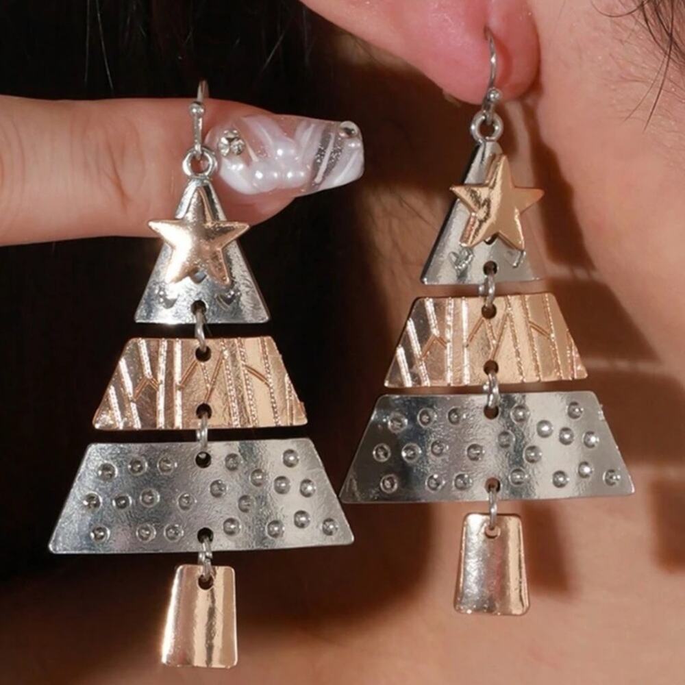 #46 Three Tier Gold Silver Christmas Tree Earrings